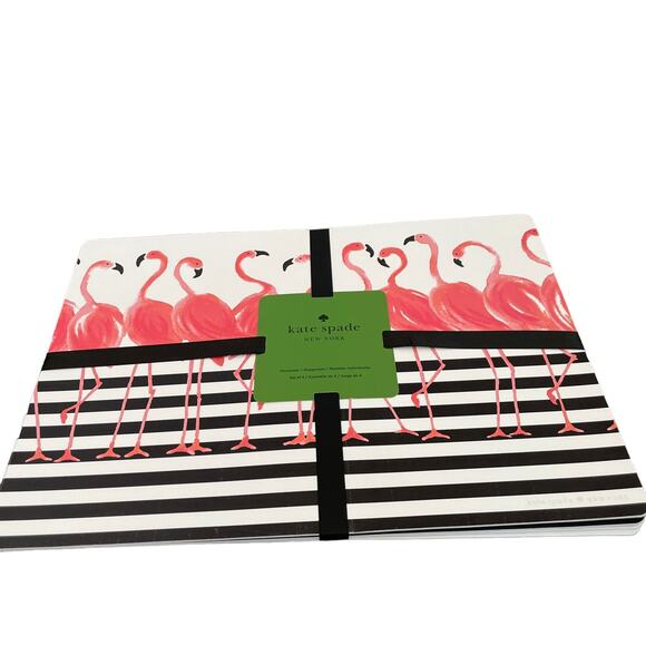 KATE SPADE Pink Flamingo Black Striped Easy Care Vinyl Placemats Set of 4 NEW - Picture 4 of 9